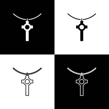 Hıristiyan haçını siyah ve beyaz arka planda izole edilmiş bir simgeye yerleştir. Kilise haçı. Vektör İllüstrasyonu