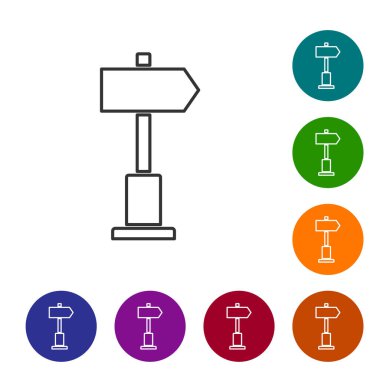 Siyah çizgi trafik levhası. Beyaz arkaplanda sinyal simgesi izole edildi. İşaretçi sembolü. Sokak bilgi tabelası. Yön tabelası. Simgeleri renk daire düğmelerine ayarla. Vektör İllüstrasyonu