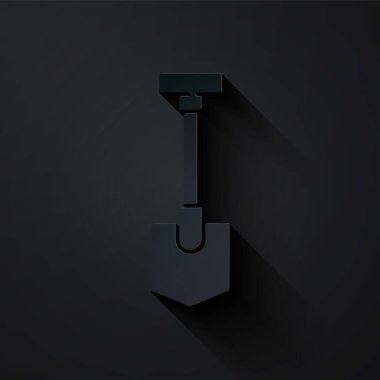 Kağıt kesiği Kürek simgesi siyah arkaplanda izole edildi. Bahçe aletleri. Bahçecilik, tarım, çiftçilik aleti. Kağıt sanatı tarzı. Vektör İllüstrasyonu