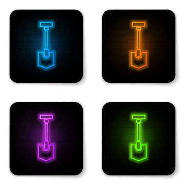 Parlayan neon küreği simgesi beyaz arkaplanda izole edildi. Bahçe aletleri. Bahçecilik, tarım, çiftçilik aleti. Siyah kare düğme. Vektör İllüstrasyonu