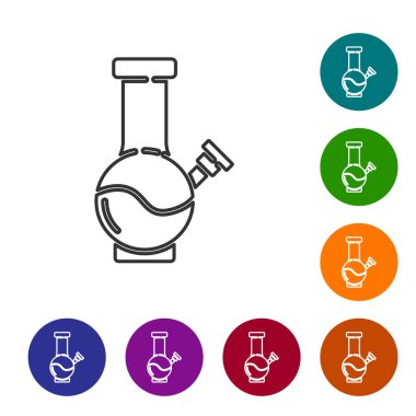 Esrar içmek için siyah çizgi cam bong ya da beyaz arka planda izole edilmiş kenevir ikonu. Simgeleri renk daire düğmelerine ayarla. Vektör İllüstrasyonu