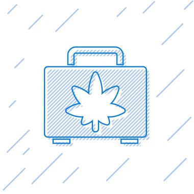 Tıbbi marihuana ya da kenevir yaprağı ikonu içeren mavi çizgili alışveriş kutusu beyaz arka planda izole edilmiş. Kenevir almak. Kenevir sembolü. Vektör İllüstrasyonu