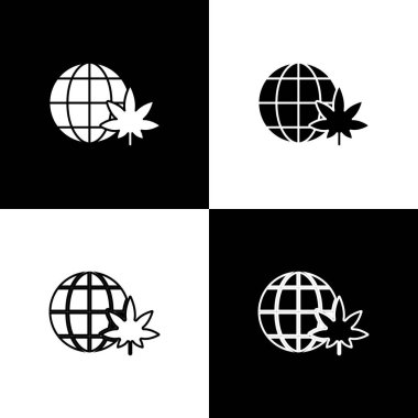 Set Legalize esrar veya esrar küre sembolü simgesi siyah ve beyaz arka plan üzerinde izole. Kenevir sembolü. Vektör İllüstrasyonu