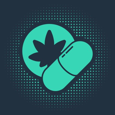 Mavi arka planda yeşil bitkisel ecstasy hapları ikonu izole edildi. Soyut çember rastgele noktalar. Vektör İllüstrasyonu