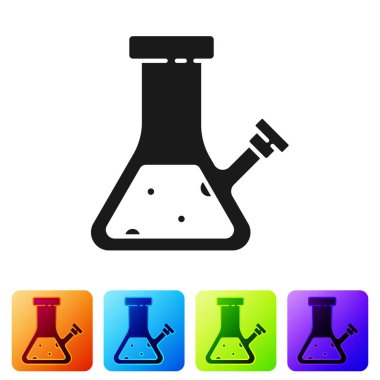 Beyaz arka planda marihuana veya kenevir ikonu içmek için siyah cam bong. Renkli kare düğmelerle simgeleri ayarla. Vektör İllüstrasyonu