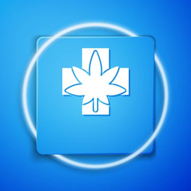 Mavi arka planda beyaz tıbbi marihuana ya da kenevir yaprağı ikonu var. Kenevir sembolü. Mavi kare düğme. Vektör İllüstrasyonu