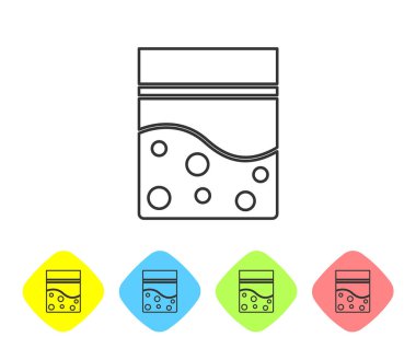 Beyaz arka planda izole edilmiş gri çizgili plastik poşet dolusu tıbbi kenevir ikonu. Sağlık tehlikesi. Renkli eşkenar dörtgen düğmelerine simgeleri yerleştir. Vektör İllüstrasyonu