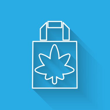 Uzun gölgeli beyaz çizgili alışveriş poşeti ya da kenevir yaprağı ikonu. Kenevir almak. Kenevir sembolü. Vektör İllüstrasyonu