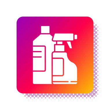 Çamaşır deterjanı, çamaşır suyu, bulaşık deterjanı ya da beyaz arka planda izole edilmiş başka bir temizlik malzemesi için beyaz plastik şişeler. Kare renk düğmesi. Vektör İllüstrasyonu