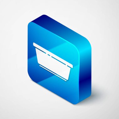 Gri arkaplanda izole edilmiş Isometric Plastik leğen simgesi. Sulu kase. Çamaşır yıkama, temizlik malzemeleri. Mavi kare düğme. Vektör İllüstrasyonu