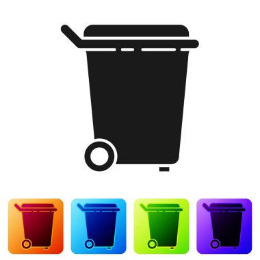 Black Trash can icon isolated on white background. Garbage bin sign. Recycle basket icon. Office trash icon. Set icons in color square buttons. Vector Illustration