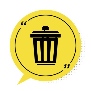 Siyah Çöp Kutusu simgesi beyaz arkaplanda izole edildi. Çöp kutusu tabelası. Sepet simgesini geri dönüştür. Ofis çöpü ikonu. Sarı konuşma balonu sembolü. Vektör İllüstrasyonu