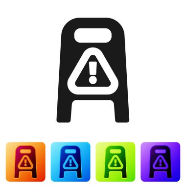 Siyah ıslak zemin ve temizlik ikonu beyaz arka planda izole edildi. Temizlik hizmeti konsepti. Renkli kare düğmelerle simgeleri ayarla. Vektör İllüstrasyonu