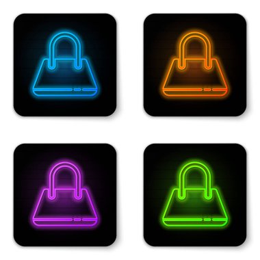 Parlayan neon çanta simgesi beyaz arkaplanda izole edildi. Kadın el çantası işareti. Glamour günlük bagaj sembolü. Siyah kare düğme. Vektör İllüstrasyonu