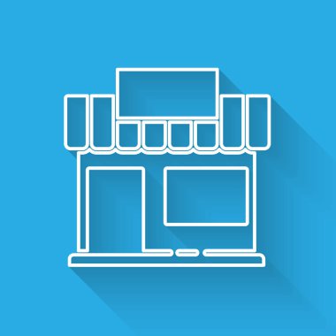 Beyaz çizgili alışveriş binası veya market simgesi uzun gölgeli izole edilmiş. Dükkan inşaatı. Vektör İllüstrasyonu