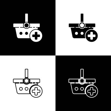 Siyah ve beyaz arkaplanda izole edilmiş alışveriş sepeti simgesine ekle. İnternetten satın alma konsepti. Teslimat servisi. Süpermarket sepeti sembolü. Vektör İllüstrasyonu