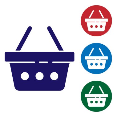 Mavi alışveriş sepeti simgesi beyaz arkaplanda izole edildi. İnternetten satın alma konsepti. Servis tabelası. Alışveriş arabası sembolü. Renkli kare düğmelerle simgeleri ayarla. Vektör İllüstrasyonu