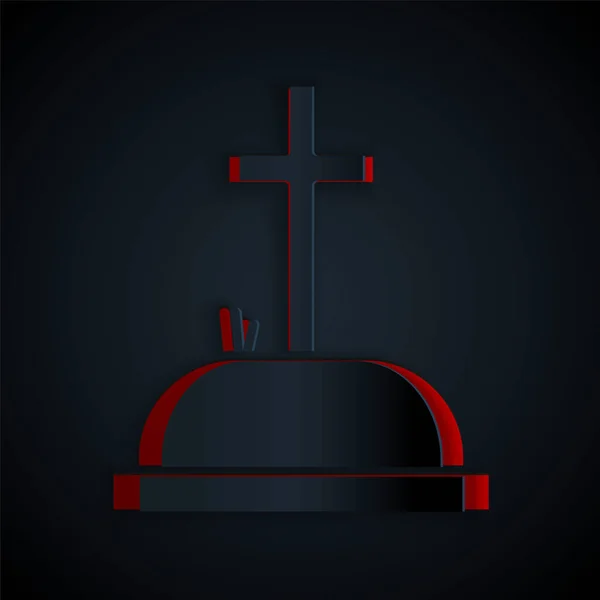 黒の背景に十字型のアイコンが描かれたトムストーンをカット 墓のアイコン 紙のアートスタイル ベクターイラスト — ストックベクタ