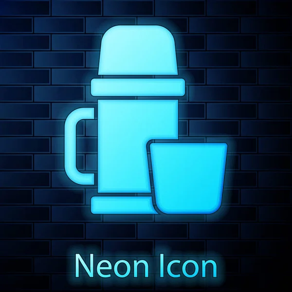 Contenedor Termo Neón Brillante Icono Taza Aislados Fondo Pared Ladrillo — Vector de stock