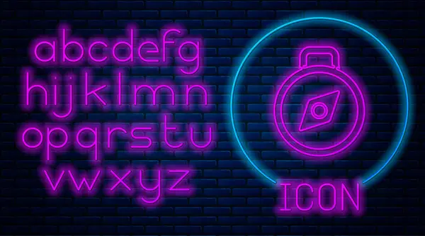 Gloeiend Neon Kompas Pictogram Geïsoleerd Baksteen Muur Achtergrond Windrose Navigatiesymbool — Stockvector