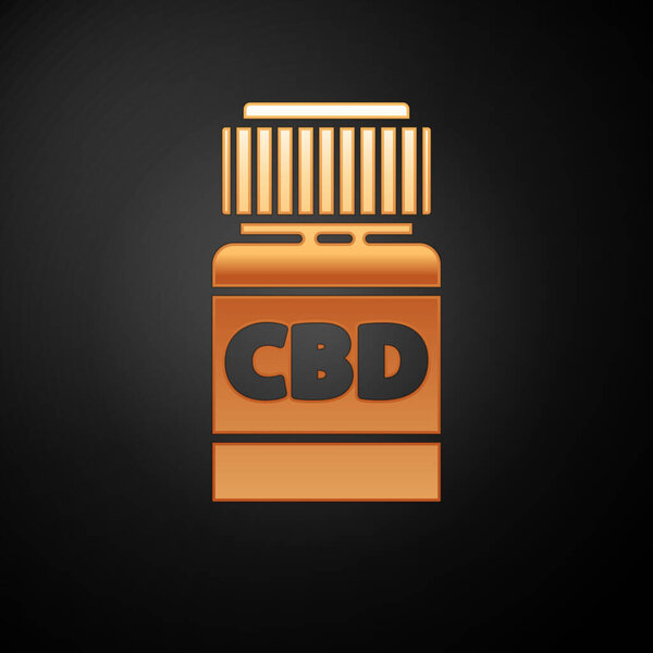 Золотая медицинская бутылка с марихуаной или иконой листьев конопли изолированы на черном фоне. Изображение экстрактов масла конопли в банках. Векторная миграция