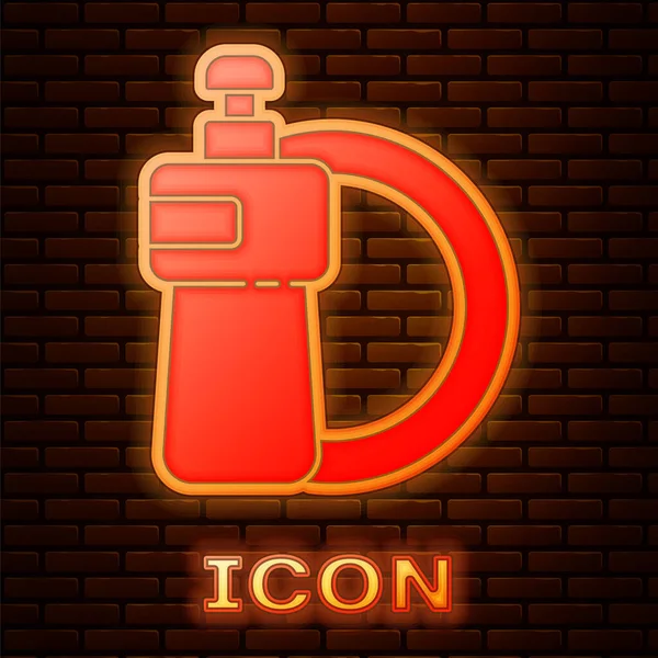 Glowing Neon Dishwashing Liquid Bottle Plate Icon Isolated Brick Wall — Stock Vector
