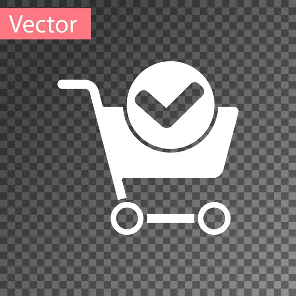 White Shopping Cart Check Mark Icon Isolated Transparent Background Supermarket — Stock Vector