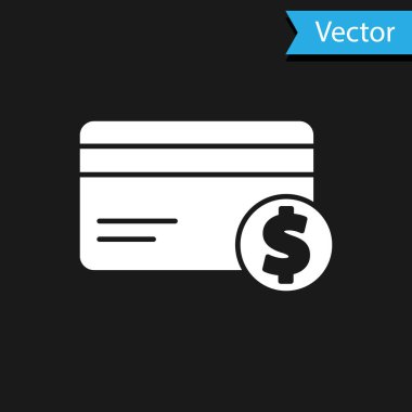Beyaz kredi kartı ve dolar sembolü siyah arka planda izole edilmiş. Çevrimiçi ödeme. Nakit çekilmesi. Finansal operasyonlar. Vektör İllüstrasyonu