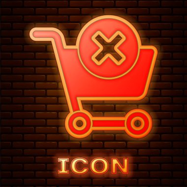 Parlayan neon, duvardaki izole edilmiş alışveriş arabası simgesini kaldır. İnternetten satın alma konsepti. Teslimat servisi. Süpermarket sepeti ve X işareti. Vektör İllüstrasyonu