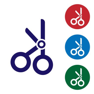 Mavi Tıbbi Makas simgesi beyaz arkaplanda izole edilmiş. Renkli kare düğmelerle simgeleri ayarla. Vektör İllüstrasyonu