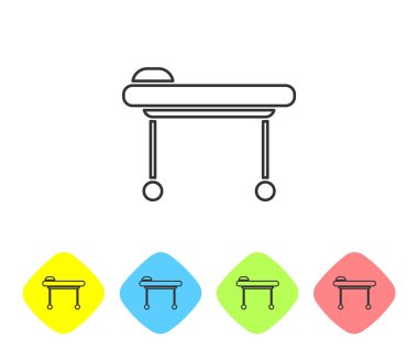 Gri çizgi sedye simgesi beyaz arkaplanda izole edildi. Hastanenin tıbbi sedyesi. Renkli eşkenar dörtgen düğmelerine simgeleri yerleştir. Vektör İllüstrasyonu