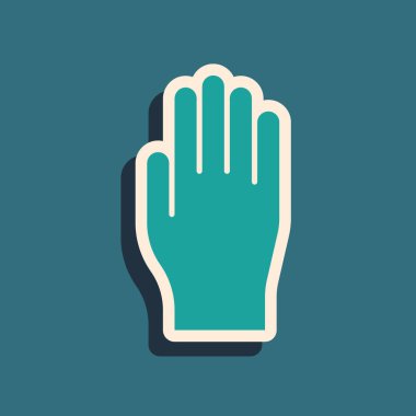 Yeşil tıbbi eldiven ikonu yeşil arka planda izole edildi. Koruyucu lastik eldivenler. Uzun gölge tarzı. Vektör İllüstrasyonu