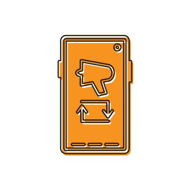 Portakal kelimesini yay, cep telefonu simgesi üzerine megafon beyaz arka planda izole edilmiş. Vektör İllüstrasyonu