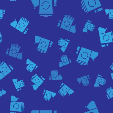 Geri dönüşüm sembolü simgesi olan mavi geri dönüşüm kutusu mavi arkaplanda izole edilmiş dikişsiz desen. Çöp kutusu simgesi. Çöp kutusu tabelası. Geri dönüşüm sepeti. Vektör İllüstrasyonu