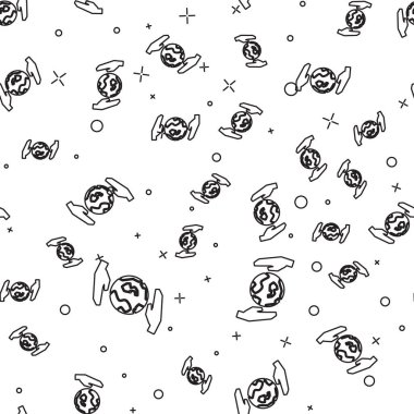 Dünya 'nın simgesini tutan siyah çizgi insan eli beyaz arka planda izole edilmiş kusursuz desen. Dünya kavramını sakla. Vektör İllüstrasyonu