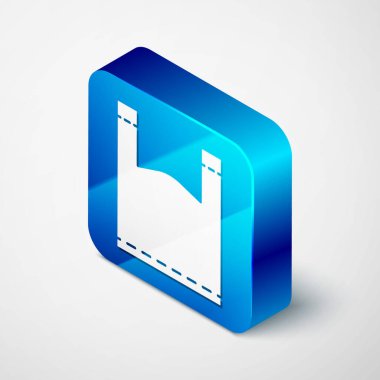 Gri arkaplanda izole edilmiş plastik torba simgesi. Tek kullanımlık selofan ve politen paket yasaklama işareti. Mavi kare düğme. Vektör İllüstrasyonu