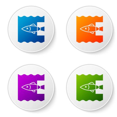 Color Stop ocean plastic pollution icon isolated on white background. Environment protection concept. Fish say no to plastic. Set icons in circle buttons. Vector Illustration
