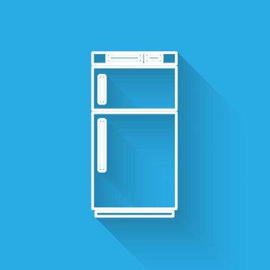 Beyaz çizgi buzdolabı ikonu uzun gölgeli. Buzdolabı buzdolabı. Ev aletleri ve aletler. Vektör İllüstrasyonu