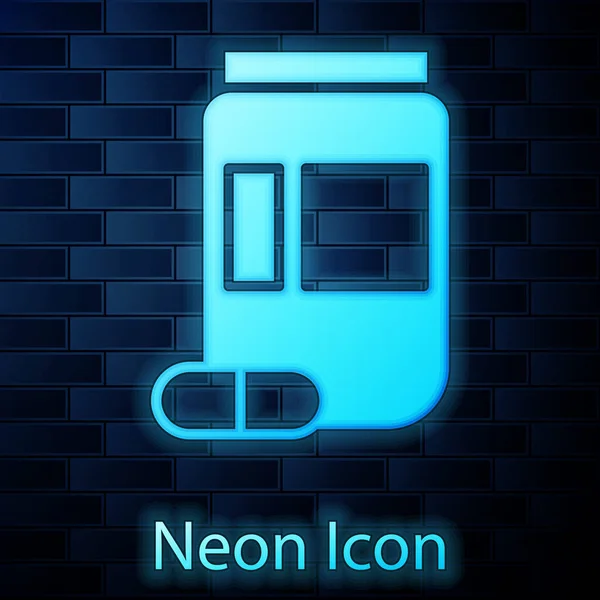 Zářící Neon Lék Láhev Pilulky Ikona Izolované Cihlové Zdi Pozadí — Stockový vektor
