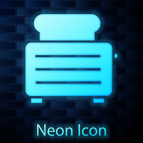 Glödande Neon Brödrost Med Skålar Ikon Isolerade Tegel Vägg Bakgrund — Stock vektor