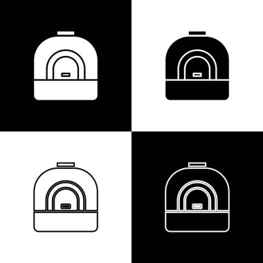 Fırın simgesini siyah beyaz arka planda yalıtılmış olarak ayarlayın. Soba gazlı fırın işareti. Vektör İllüstrasyonu