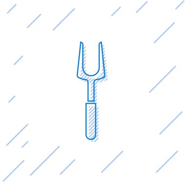 Mavi çizgi barbekü çatalı simgesi beyaz arkaplanda izole edildi. Mangal çatalı işareti. Barbekü ve ızgara aleti. Vektör İllüstrasyonu