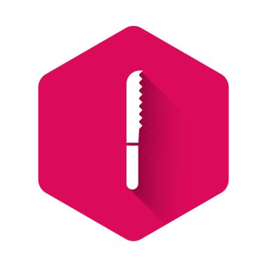 Uzun gölgeli beyaz ekmek bıçağı ikonu. Çatal bıçak sembolü. Pembe altıgen düğmesi. Vektör İllüstrasyonu