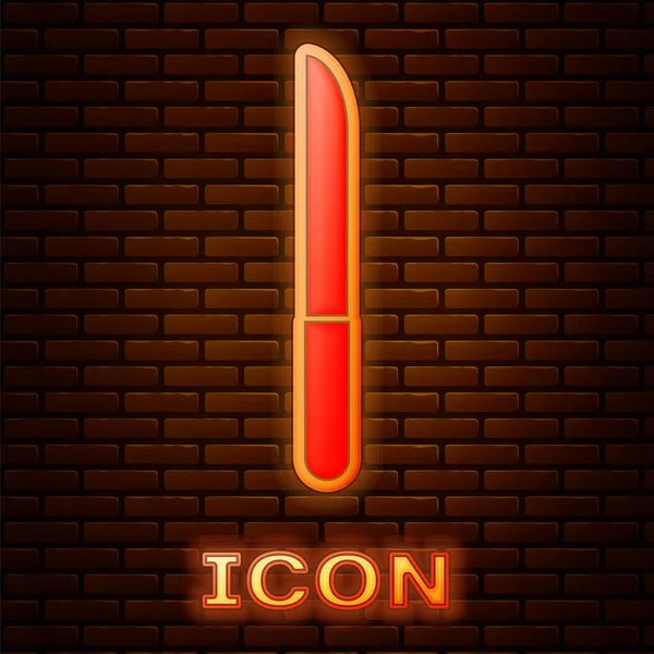Zářící Ikona Neonového Nože Izolovaná Pozadí Cihlové Stěny Symbol Příboru — Stockový vektor