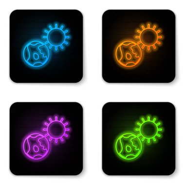 Parlayan neon Dünya küresi ve beyaz arka planda izole edilmiş güneş ikonu. Dünya ya da Dünya işareti. Küresel internet sembolü. Geometrik şekiller. Siyah kare düğme. Vektör İllüstrasyonu