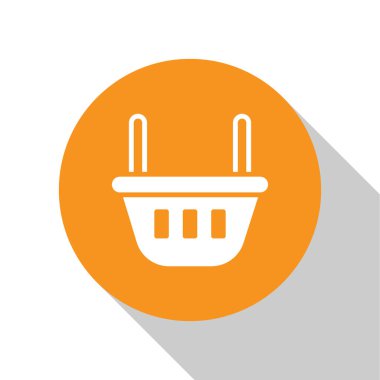 Beyaz alışveriş sepeti simgesi beyaz arkaplanda izole edildi. Yiyecek dükkanı, süpermarket. Turuncu daire düğmesi. Vektör İllüstrasyonu