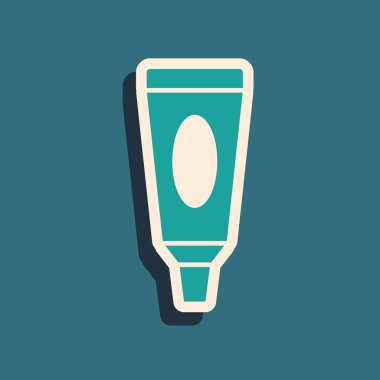 Yeşil krem ya da losyon kozmetik tüp ikonu yeşil arka planda izole edilmiş. Erkekler için vücut bakım ürünleri. Uzun gölge tarzı. Vektör İllüstrasyonu