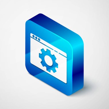 Isometric Tarayıcı ayarı simgesi gri arkaplanda izole edildi. Ayarlama, servis, bakım, onarım, onarım. Mavi kare düğme. Vektör İllüstrasyonu