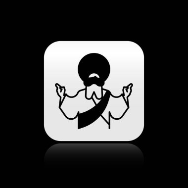 Siyah arka planda izole edilmiş Kara İsa ikonu. Gümüş kare düğme. Vektör İllüstrasyonu