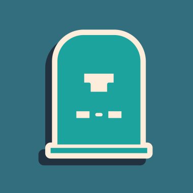 Üzerinde RIP yazan yeşil Tombstone yeşil arka planda izole edilmiş bir simge. Mezar ikonu. Uzun gölge tarzı. Vektör İllüstrasyonu